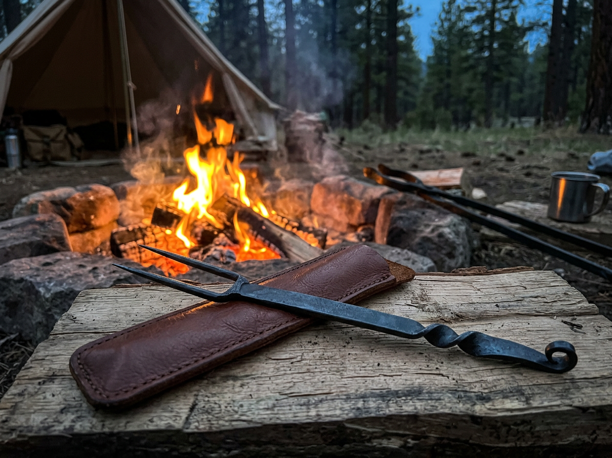Kovaná vidlička "CAMPFORGE FORK" s koženým pouzdrem