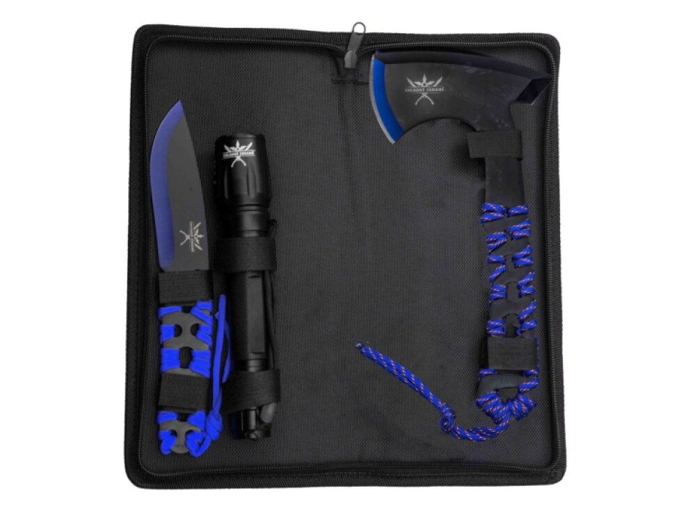 Outdoorová sada "BLUE TOOL SET" Sekera, nůž a svítilna
