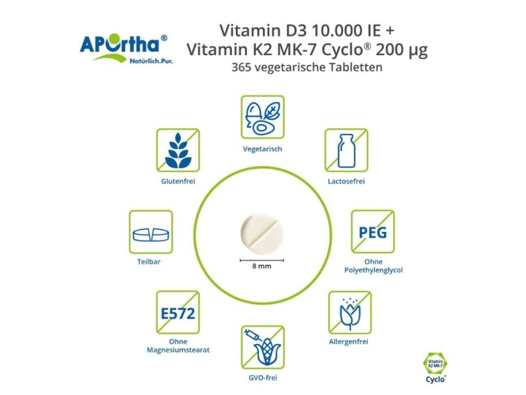 Aportha Vitamín D3 10 000 IU 250 μg + Natto Vitamín K2 MK-7 Cyclo® 200 μg, 365 vegetariánských tablet