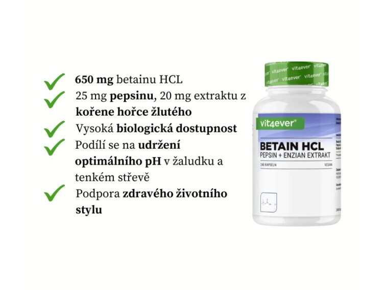 Vit4ever Betaine HCL - Betain HCL, hořec žlutý a pepsin, 240 kapslí