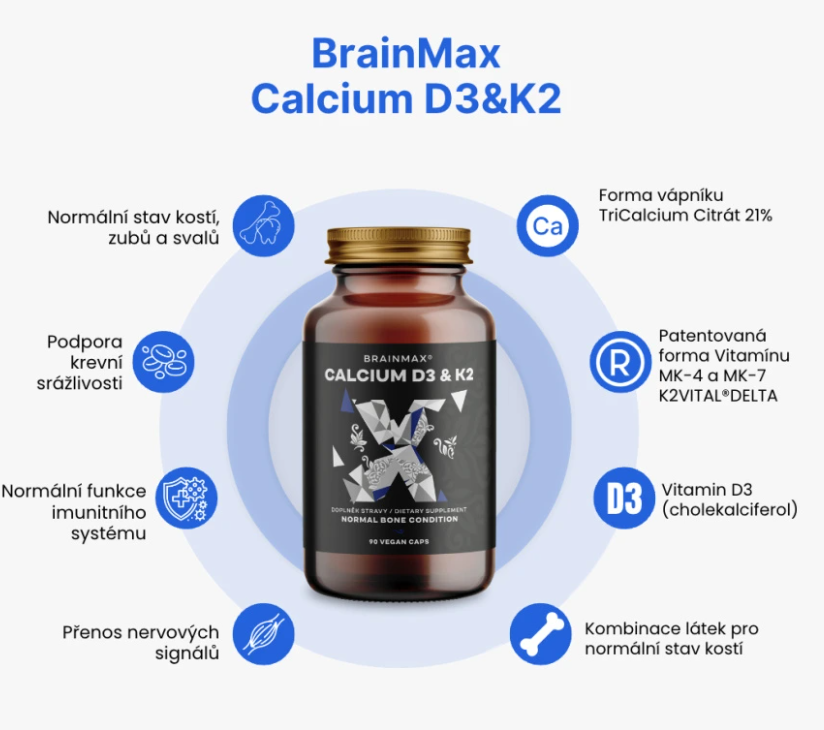 BrainMax Calcium D3 & K2 - vápník s vitamínem D3 & K2, 90 rostlinných kapslí