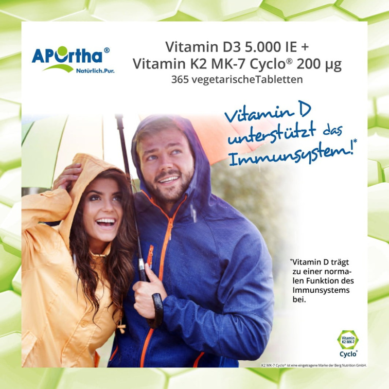 Aportha Vitamín D3 5 000 IU 125 μg + Natto Vitamín K2 MK-7 Cyclo® 200 μg, 365 vegetariánských tablet