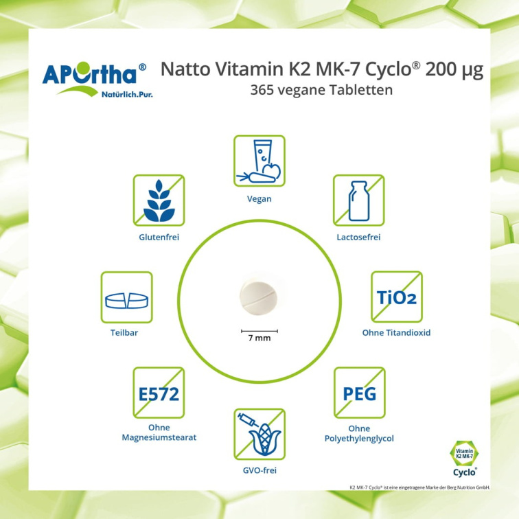 Aportha Natto Vitamin K2 MK-7 Cyclo® 200 μg - 365 veganských tablet
