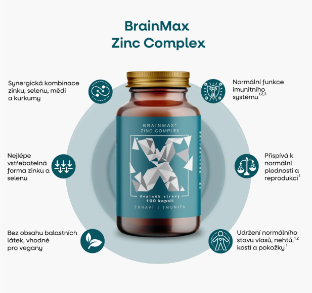 BrainMax Zinc Complex - Zinek, Selen, Měď a Kurkuma, 100 rostlinných kapslí