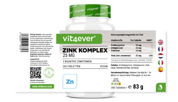 Vit4ever Zink Komplex, Zinek se 3 bioaktivními formami, 25 mg, 365 tablet