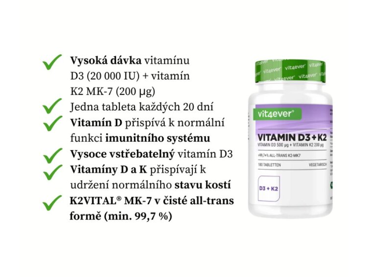 Vit4ever Vitamín D3 + K2 MK7 - 20 000 IU