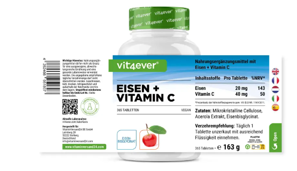 Vit4ever Železo + vitamín C, bisglycinát železnatý, 365 tablet
