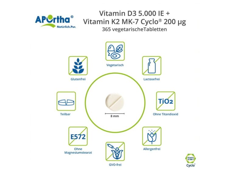 Aportha Vitamín D3 5 000 IU 125 μg + Natto Vitamín K2 MK-7 Cyclo® 200 μg, 365 vegetariánských tablet