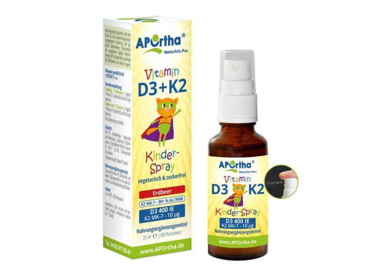 Aportha Vitamín D3 + K2 pro děti 25 ml - vegetariánský ústní sprej s jahodovou příchutí