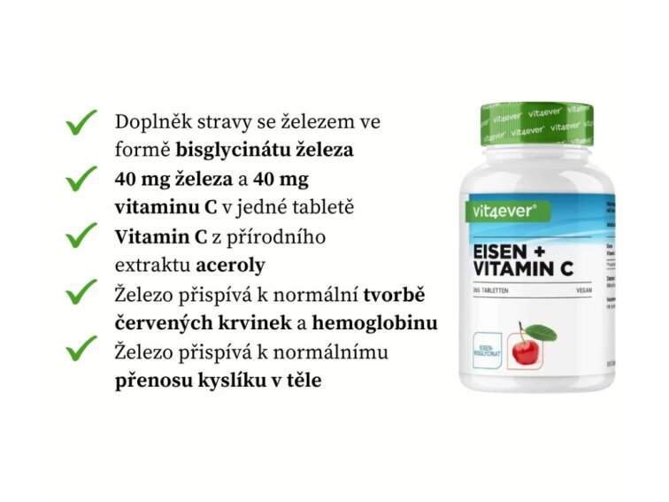 Vit4ever Železo + vitamín C, bisglycinát železnatý, 365 tablet