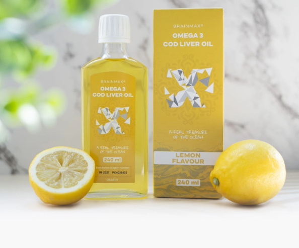 BrainMax Omega 3 - Olej z treščej pečene, citrón, 240 ml