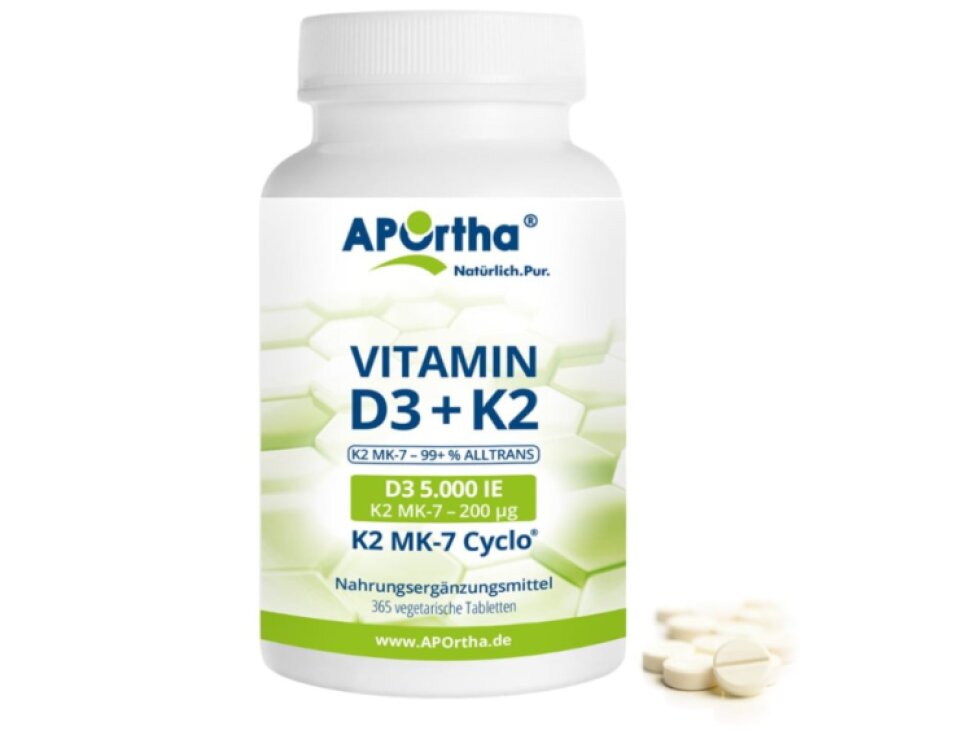 Aportha Vitamín D3 5 000 IU 125 μg + Natto Vitamín K2 MK-7 Cyclo® 200 μg, 365 vegetariánských tablet
