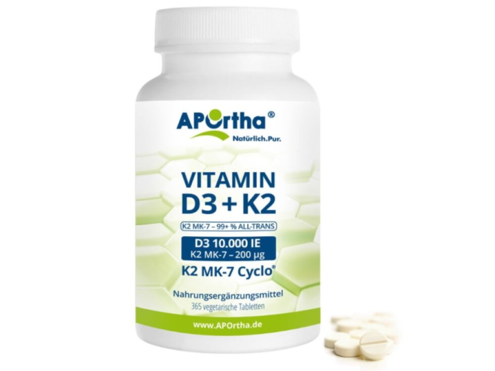 Aportha Vitamín D3 10 000 IU 250 μg + Natto Vitamín K2 MK-7 Cyclo® 200 μg, 365 vegetariánských tablet