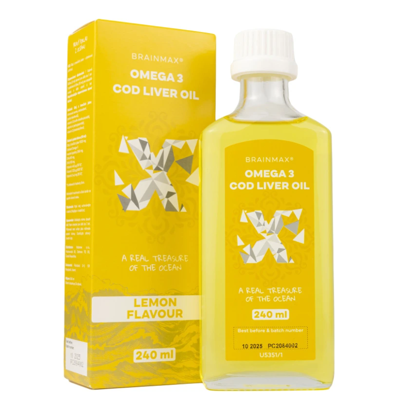 BrainMax Omega 3 - Olej z treščej pečene, citrón, 240 ml