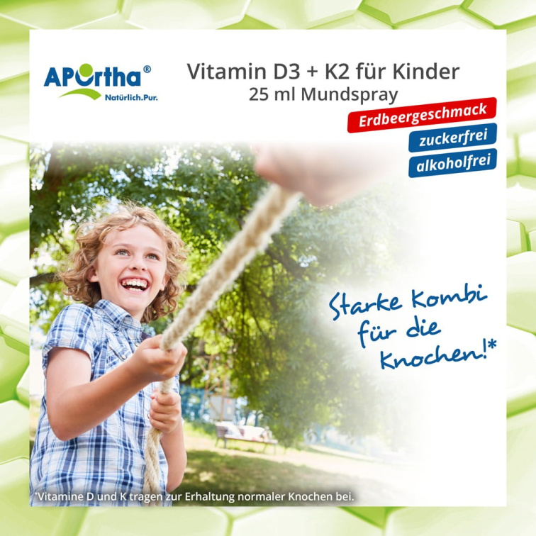 Aportha Vitamín D3 + K2 pro děti 25 ml - vegetariánský ústní sprej s jahodovou příchutí