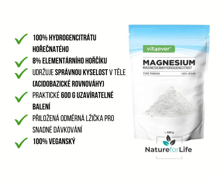 Vit4ever Magnesium Pure, 100% Hydrogencitrát hořečnatý, Hořčík 600 g