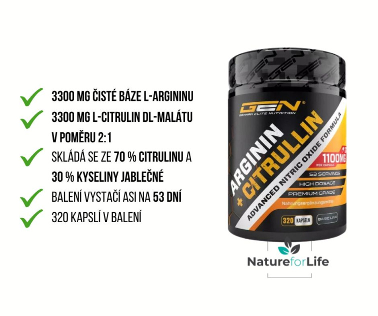 GEN L-arginin + L-citrulin 1100 mg, 320 kapslí