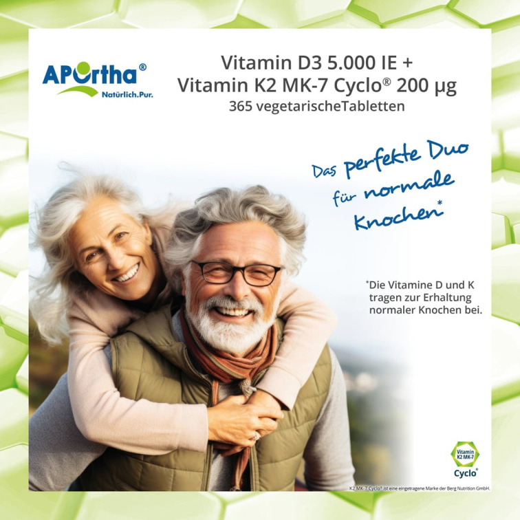 Aportha Vitamín D3 5 000 IU 125 μg + Natto Vitamín K2 MK-7 Cyclo® 200 μg, 365 vegetariánských tablet