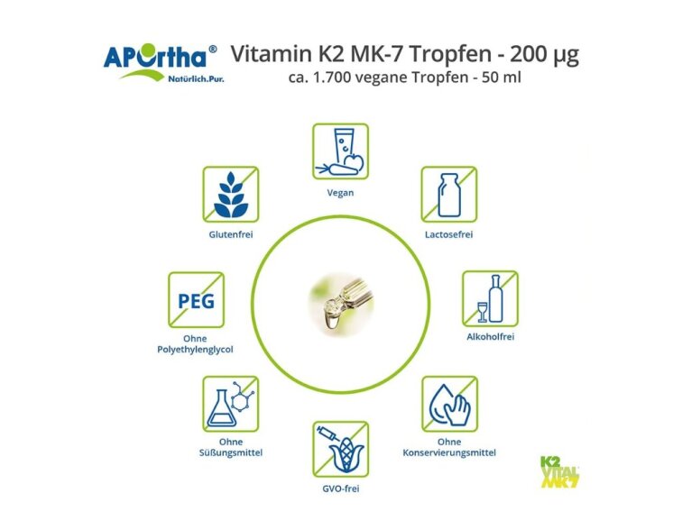 Aportha Vitamin K2 MK-7 (K2VITAL®) 200 µg, cca 1.700 veganských kapek, 50 ml
