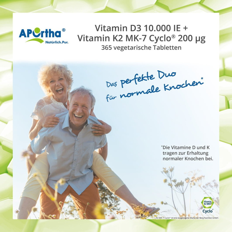 Aportha Vitamín D3 10 000 IU 250 μg + Natto Vitamín K2 MK-7 Cyclo® 200 μg, 365 vegetariánských tablet