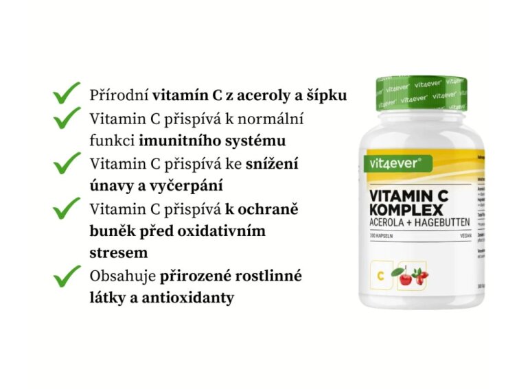 Vit4ever Vitamin C Komplex – Extrakt z Aceroly a Šípku – 300 Kapslí