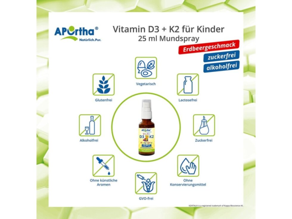 Aportha Vitamín D3 + K2 pro děti 25 ml - vegetariánský ústní sprej s jahodovou příchutí