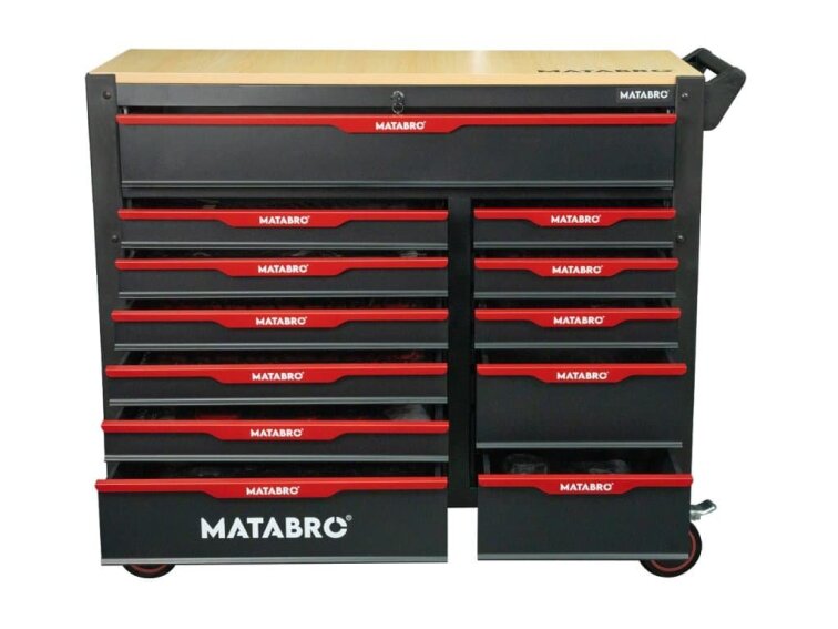 Matabro MB-TC05: Dílenský vozík s 12 zásuvkami, 542 ks nářadí, červený