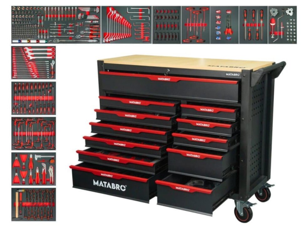 Matabro MB-TC05: Dílenský vozík s 12 zásuvkami, 542 ks nářadí, červený