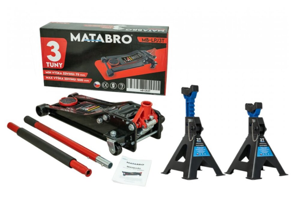 AKČNÍ SET Nízkoprofilový hydraulický zvedák (hever) s pojezdem MB-LPJ3T s podpěrami MB-JS3T 3t