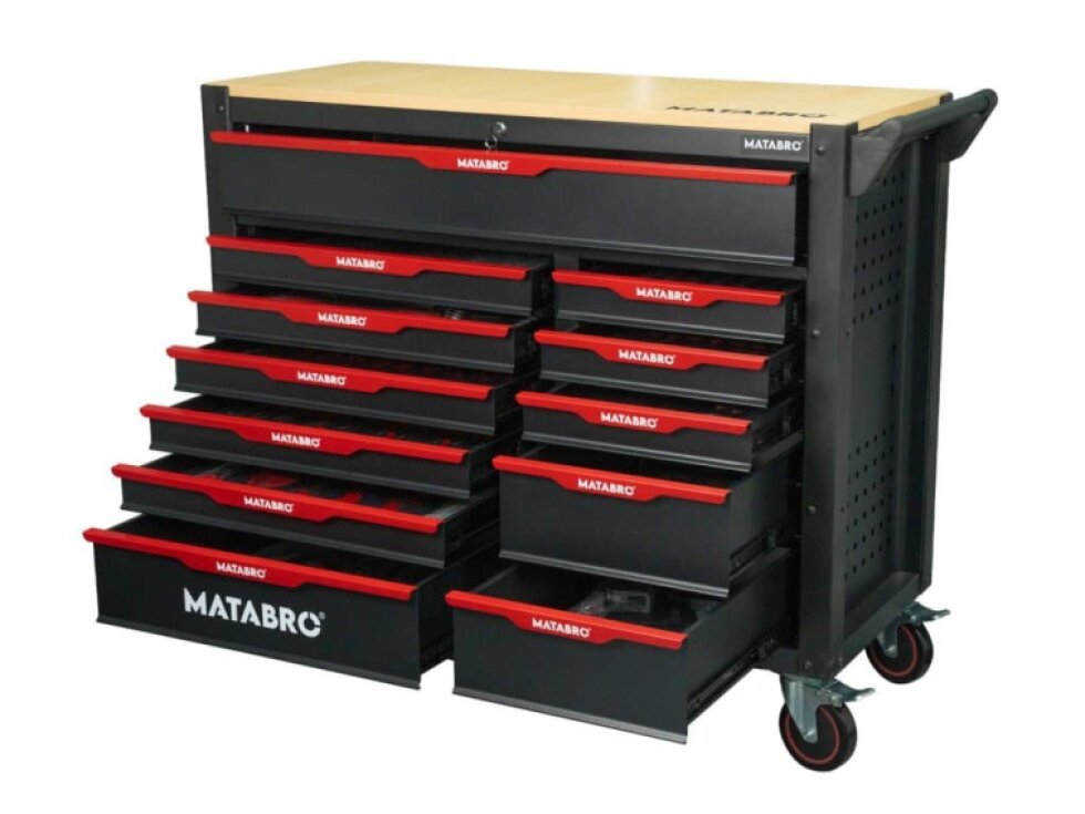 Matabro MB-TC05: Dílenský vozík s 12 zásuvkami, 542 ks nářadí, červený