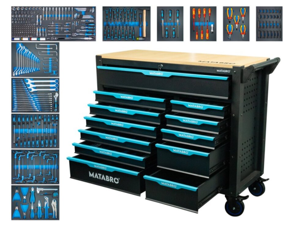 Matabro MB-TC06, Dílenský vozík s nářadím | 12 zásuvek | Modrý | 360 ks