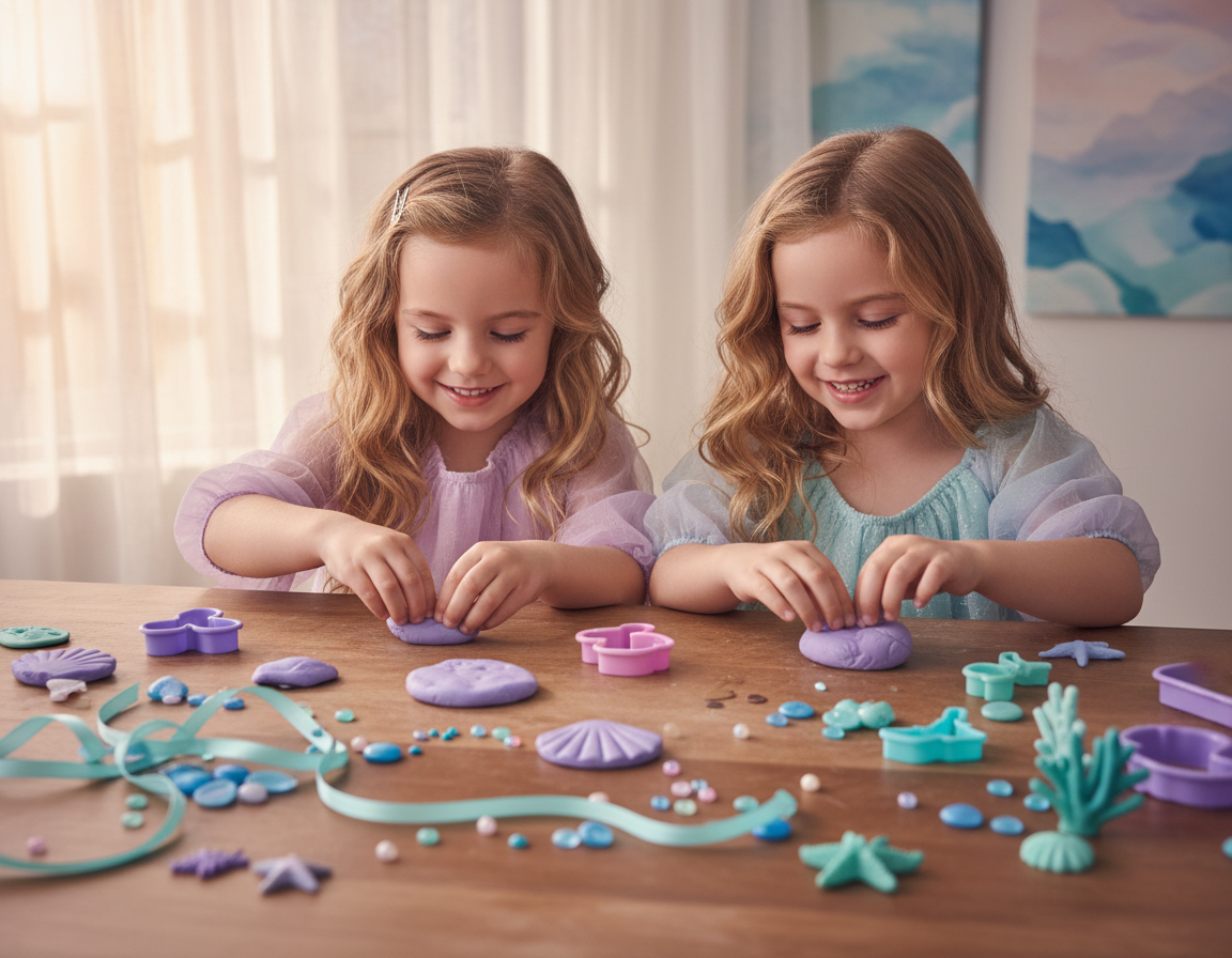 Děti si hrají se sadou vykrajovátek mořská panna a mušle v barevné modelíně.