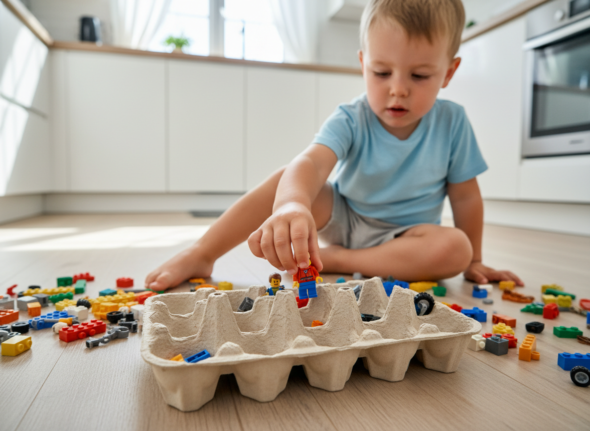 Chlapeček sedí v kuchyni na zemi. Má před sebou plato od vajíček a různé malé figurky. Batole trénuje pinzetový úchop tím, že figurky třídí.