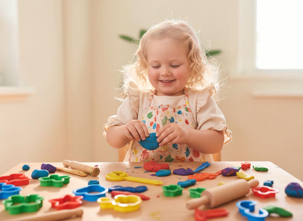 Malá holčička si hraje s velkými hroudami barevné, měkké modelíny pro děti od 1 roku. Modelína je od české značky Mámy v rejži.