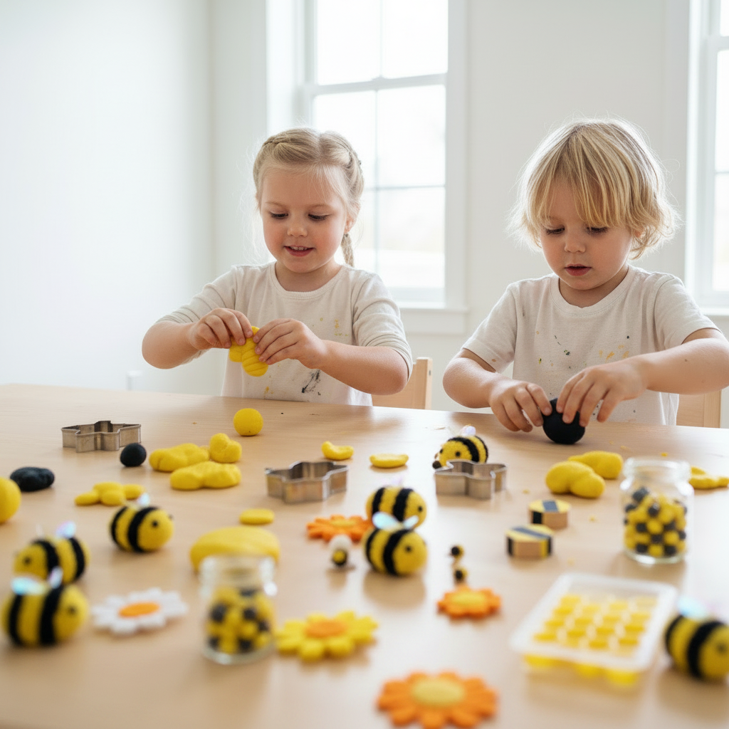Dvě děti si hrají s modelínou a dřevěným vysypávacím tácem včelí úl při tematickém smyslovém hraní na téma včely.