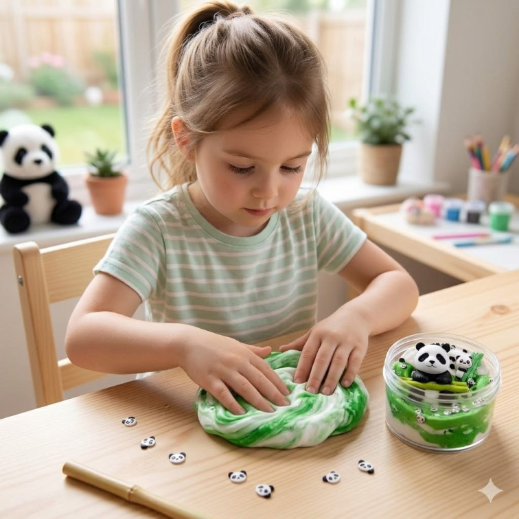 Holčička si hraje s modelínou od Mámy v rejži. Mamolína Panda.