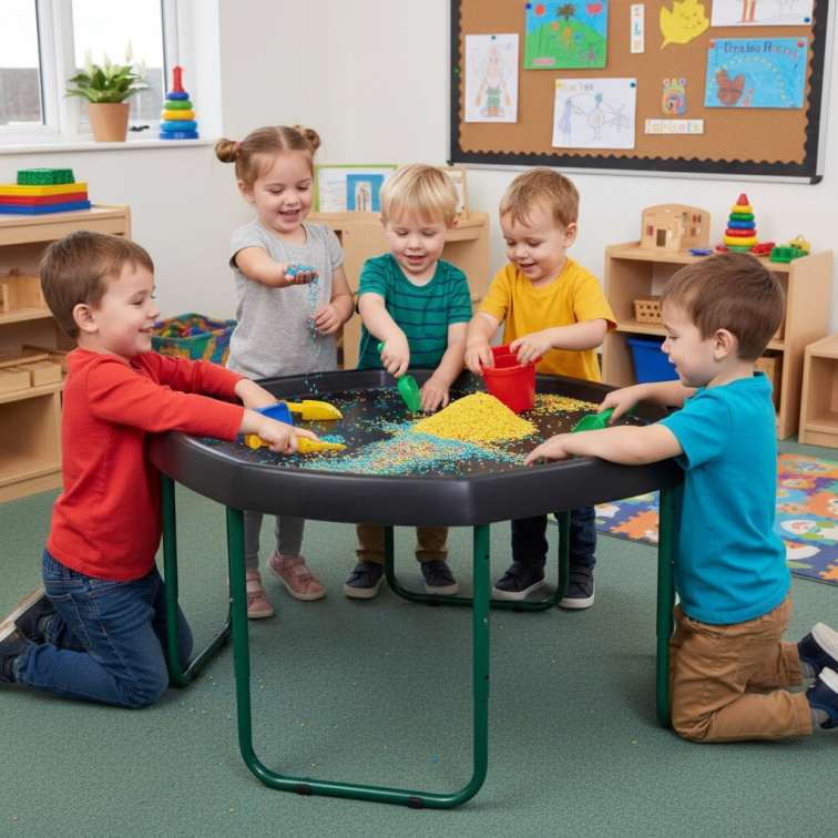 Smyslové hraní dětí s kinetickým pískem a herními podnosy Tuff Tray a Play Tray pro rozvoj jemné motoriky.