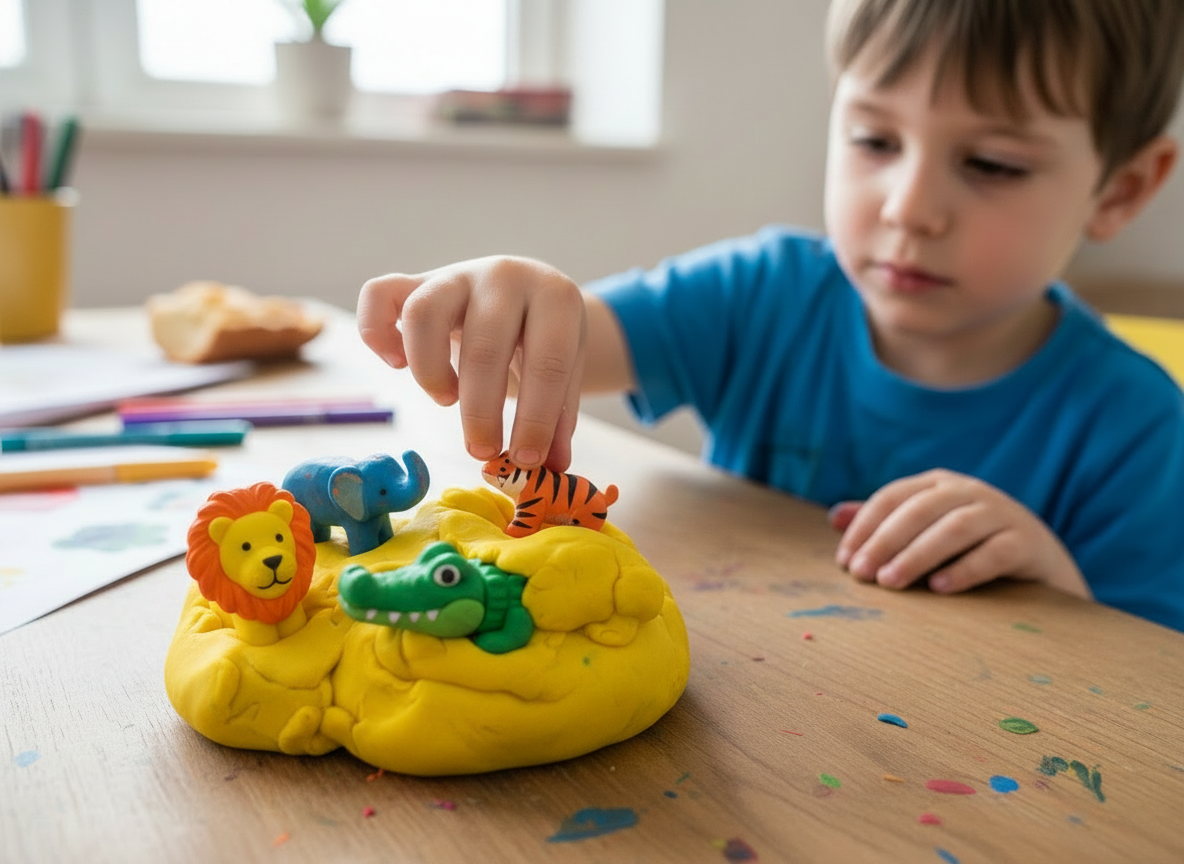 Detail na modelínu od Mámy v rejži, kde jsou schované figurky zvířátek. Tříletý chlapeček je pomocí pinzetového úchopu z modelíny vyndavá. Trénuje tak jemnou motoriku.
