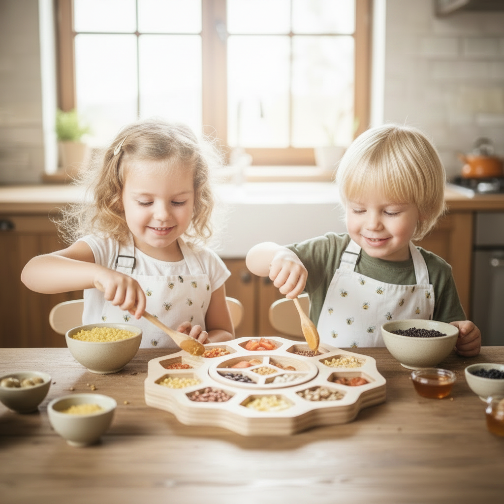 Detailní záběr dětí, které soustředěně plní dřevěný vysypávací tác ve tvaru včelího úlu barevnou rýží během smyslového hraní.