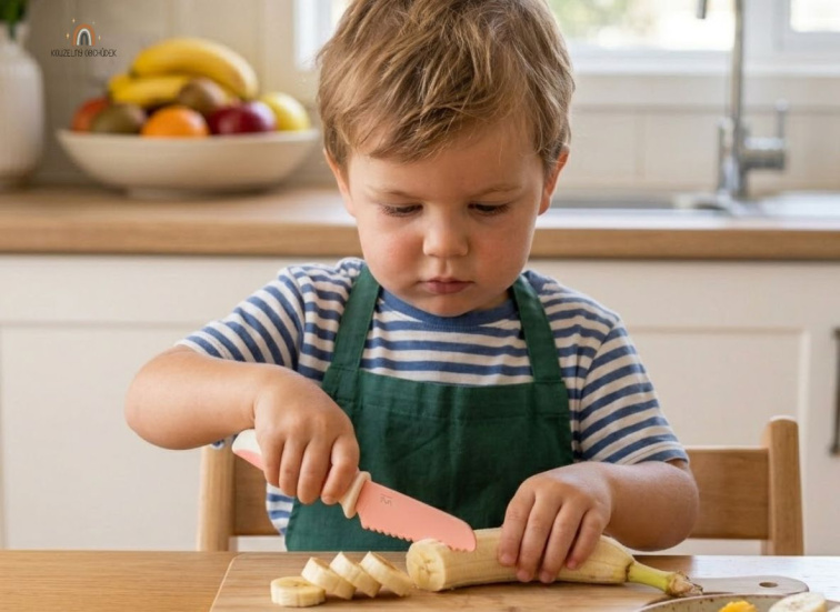 Tříletý chlapeček krájí prvním bezpečným nožem pro děti Kiddikutter. Nůž má kulaté ostří, takže je bezpečný.