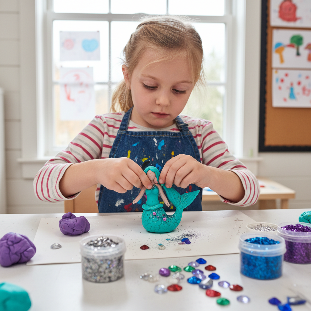 Smyslové hraní s modelínou a doplňky pro mořské panny, zdobení kamínky a třpytkami.
