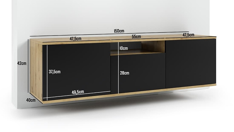 Závěsný TV stolek Logan 150 cm - Černá