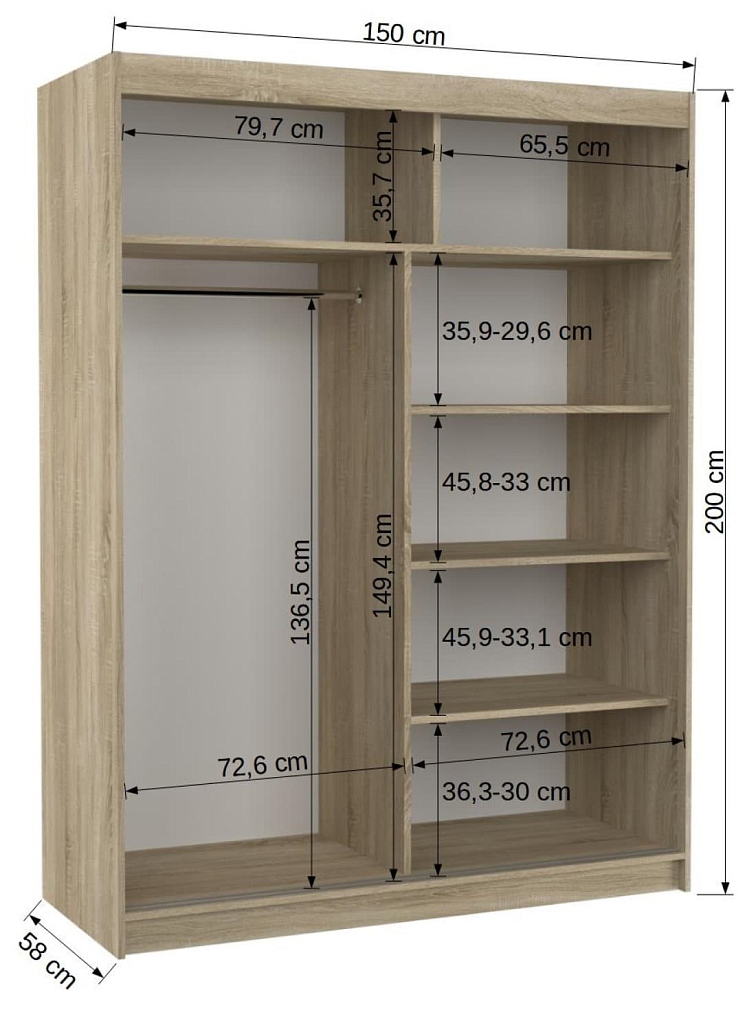 Šatní skříň s posuvnými dveřmi Bolton - 150 cm