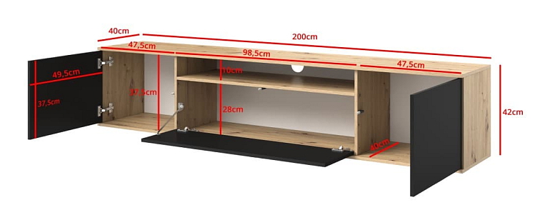 Závěsný TV stolek Logan 200 cm - dub Artisan/Černá