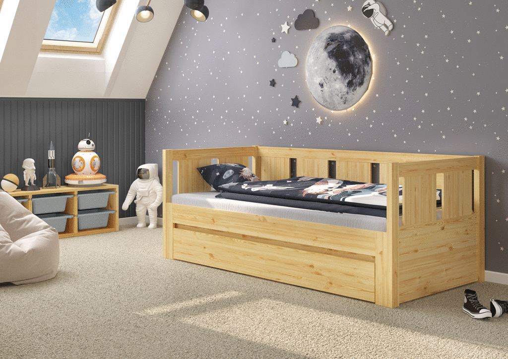 Rozkládací postel Relax s úložným boxem na matrace - natur - masiv borovice