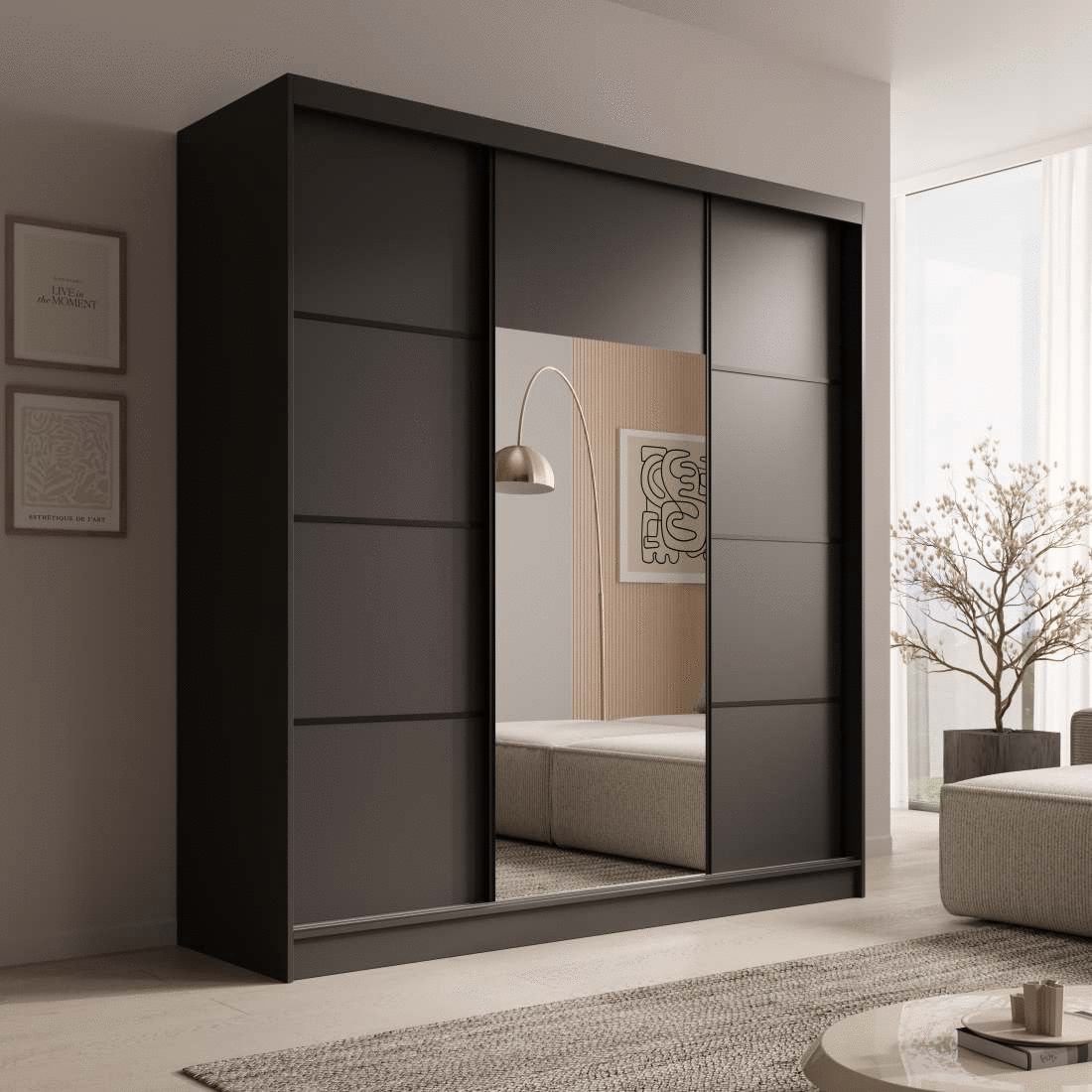 Šatní skříň s posuvnými dveřmi a zrcadlem Keri - 200 cm