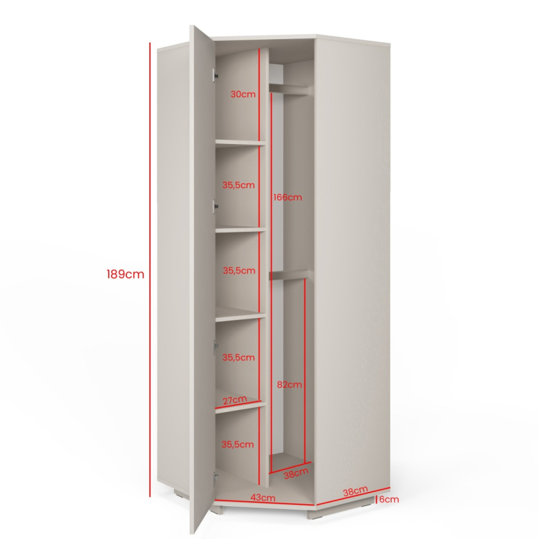Rohová šatní skříň se zrcadlem Bianco - P/6