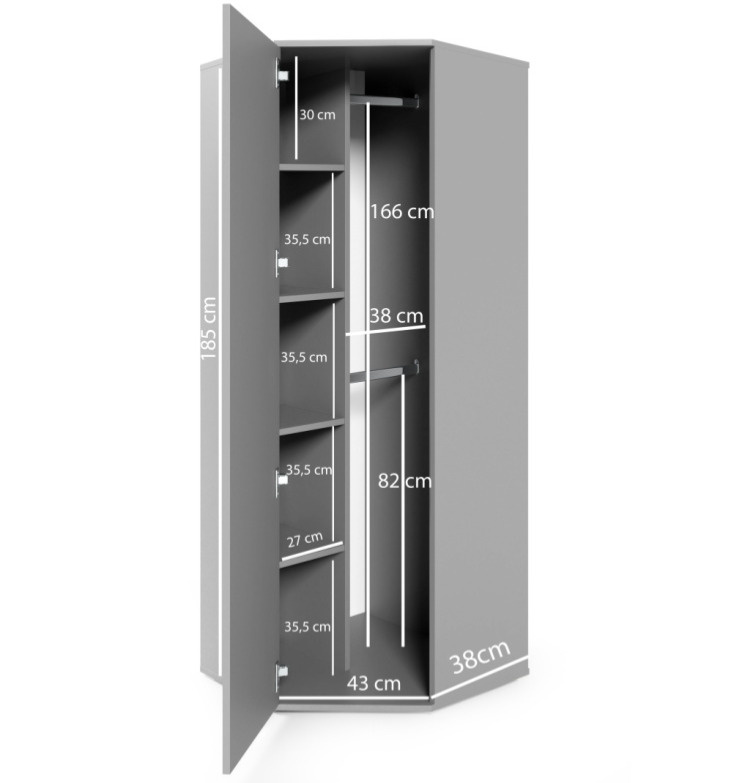 Rohová šatní skříň bez zrcadla Bianco - U/2