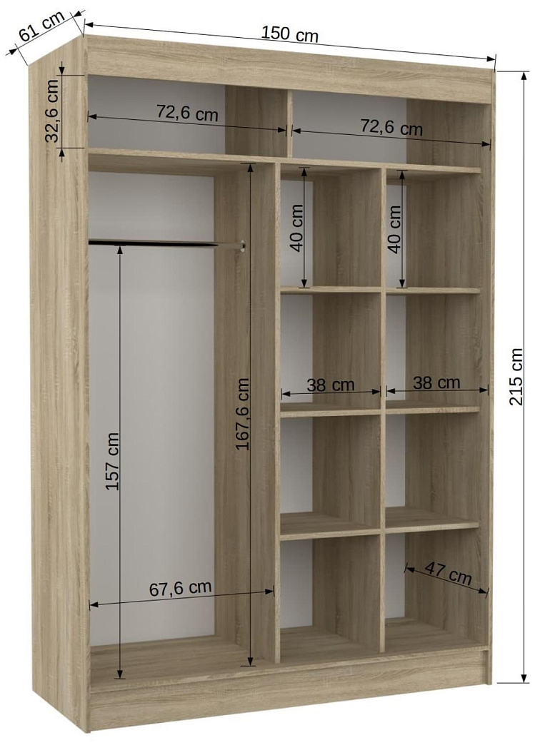 Šatní skříň s posuvnými dveřmi Toura - 150 cm