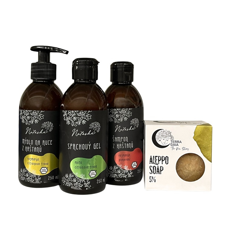 Natasha Přírodní koupelnový set z kaštanů a Aleppo mýdlo